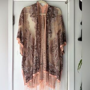 Sheer Paisley Kimono Shawl in Peach and Brown